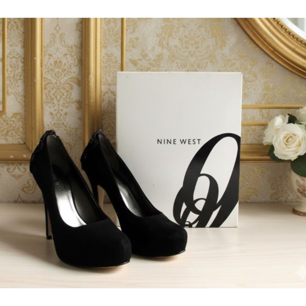 Nine West Black Suede Heels Beaded With Box Womens Size 6